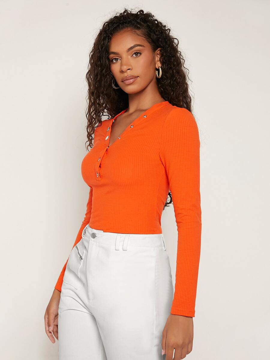 SHEIN BAE 半紐扣開襟T恤 - 橘色 - 查看 1