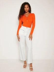 SHEIN BAE 半紐扣開襟T恤 - 橘色 - 查看 3