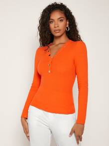 SHEIN BAE 半紐扣開襟T恤 - 橘色 - 查看 5
