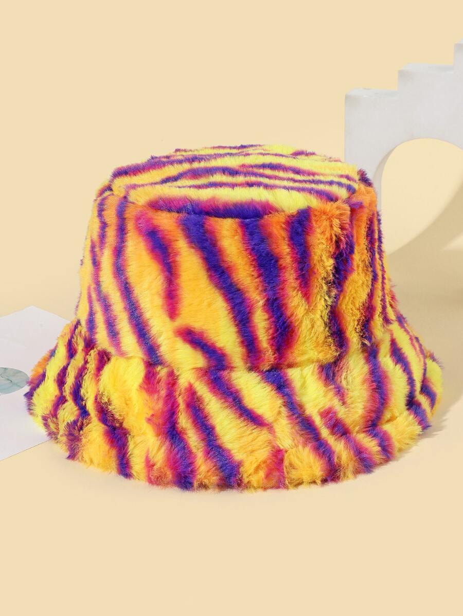 Tiger Stripe Fuzzy Bucket Hat - Multicolor - View 1