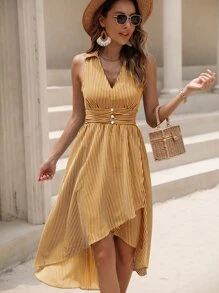SHEIN LUNE Vestido de rayas verticales con botón delantero irregular - Amarillo - Ver 1