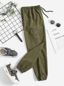 SHEIN Thiếu niên Con trai Giải trí Túi Cargo Hình nón Quần Chạy bộ Với Đàn hồi Cổ tay áo Và Lỏng lẻo phù hợp - xanh quân đội - Xem 1