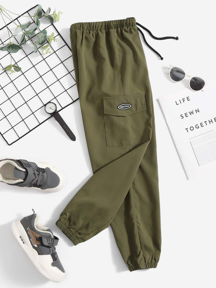 SHEIN Thiếu niên Con trai Giải trí Túi Cargo Hình nón Quần Chạy bộ Với Đàn hồi Cổ tay áo Và Lỏng lẻo phù hợp - xanh quân đội - Xem 1