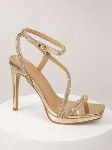 Hauture 方头踝扣水钻绑带高跟鞋适合婚礼派对万圣节圣诞节秋冬