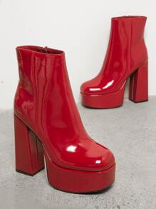 SHUZIA 圓頭防水台粗跟美式短靴 - 酒紅色 - 查看 2