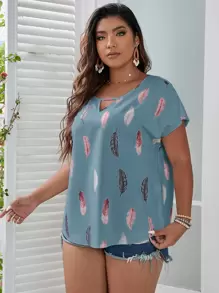 SHEIN LUNE 夏季加大羽毛印花锁孔领蝙蝠袖衬衫 - 霧霾藍 - 查看 5