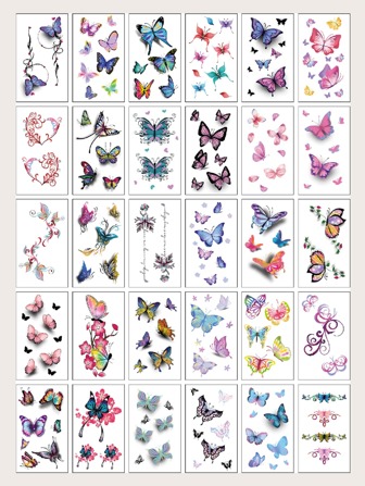 30 feuilles Autocollant de tatouage motif papillon Thème festival/Y2K Maquillage et décoration de fête