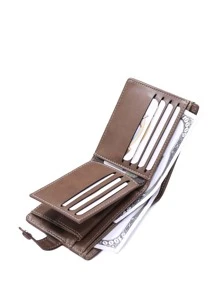 Men Minimalist Letter Patch Small Wallet - Brown - View 5