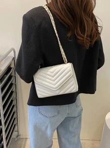 迷你鋸齒紋衍縫翻蓋鏈條方包 - 白色 - 查看 6