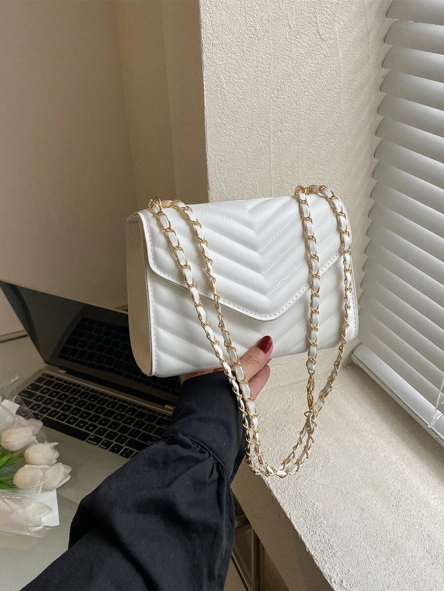 迷你鋸齒紋衍縫翻蓋鏈條方包 - 白色 - 查看 1