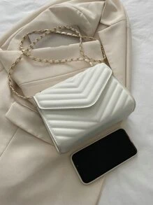 迷你鋸齒紋衍縫翻蓋鏈條方包 - 白色 - 查看 4