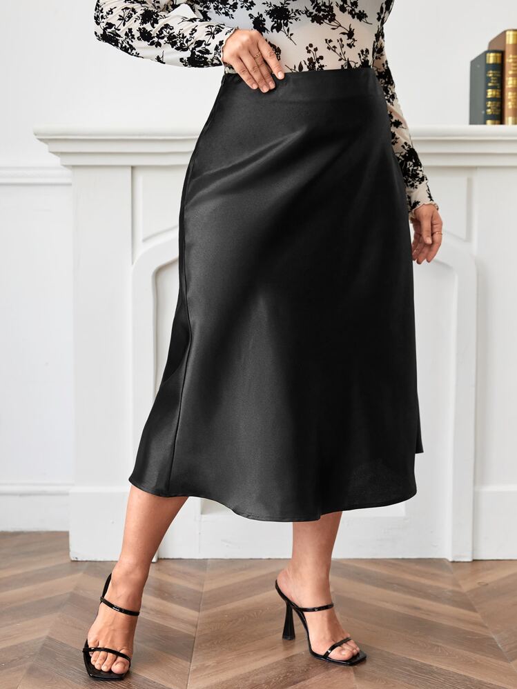 SHEIN Privé Plus Size High Waist A-Line Satin Maxi Skirt | SHEIN USA