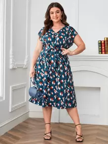 SHEIN Clasi Plus Allover Print Belted Dress - Multicolor - View 1