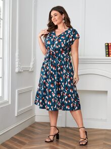 SHEIN Clasi Plus Allover Print Belted Dress - Multicolor - View 3