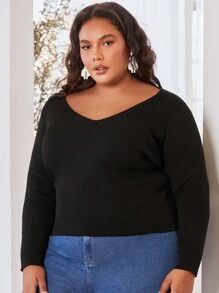 SHEIN CURVE+ Plus Rib-knit V-neck Sweater