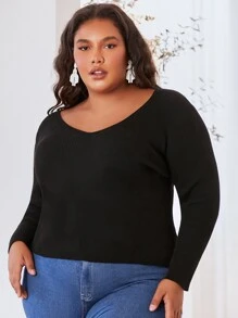 SHEIN CURVE+ Plus Rib-knit V-neck Sweater