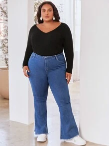 SHEIN CURVE+ Plus Rib-knit V-neck Sweater