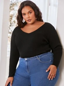 SHEIN CURVE+ Plus Rib-knit V-neck Sweater