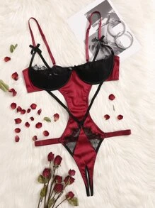 Plus Colourblock Satin Contrast Lace Bow Teddy Bodysuit - Multicolor - View 1