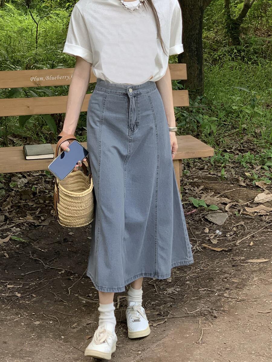 Solid Long Denim Skirt - Azul lavado medio - Ver 1