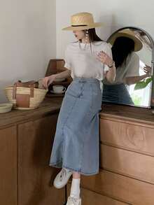 Solid Long Denim Skirt - Azul lavado medio - Ver 3