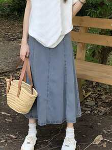 Solid Long Denim Skirt - Azul lavado medio - Ver 4