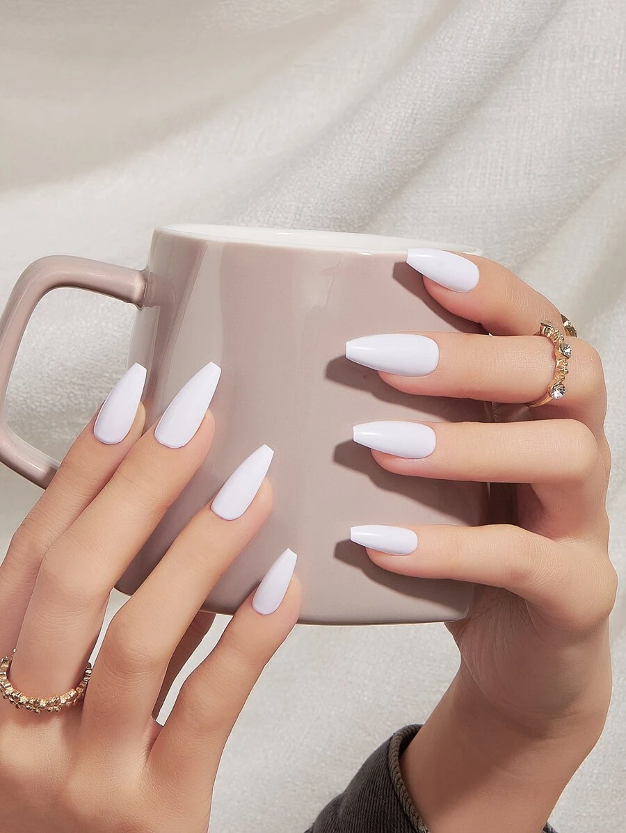 Elevate Your Style With 24pcs Medium Coffin White Plain Glossy Fake Nail & 1pc Nail File & 1sheet Tape - White - View 1