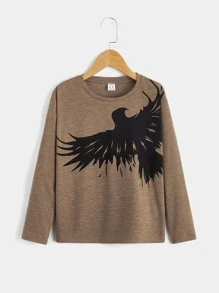 SHEIN Boys Eagle Print Tee - Mocha Brown - View 1