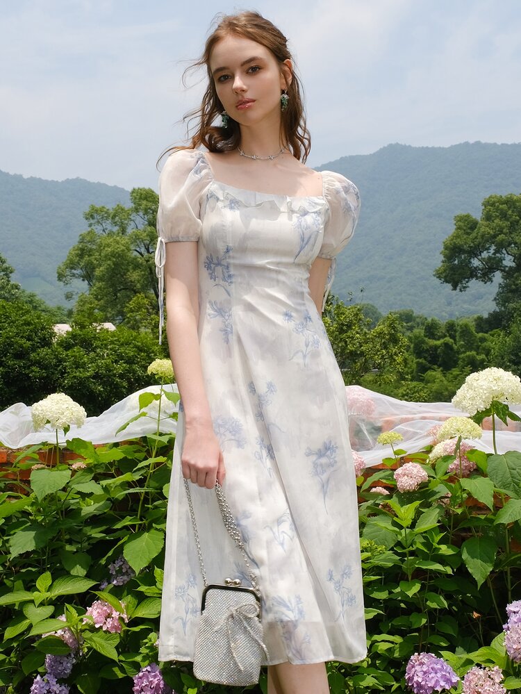 Kleid mit Blume Muster, Puffärmeln, Rüschenbesatz - Blau-Weiß - Übersicht 5