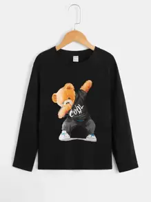 SHEIN 男童圓領印花熊圖案針織長袖休閒T恤 - 黑色 - 查看 1