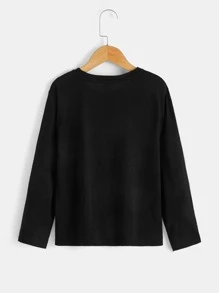 SHEIN 男童圓領印花熊圖案針織長袖休閒T恤 - 黑色 - 查看 2