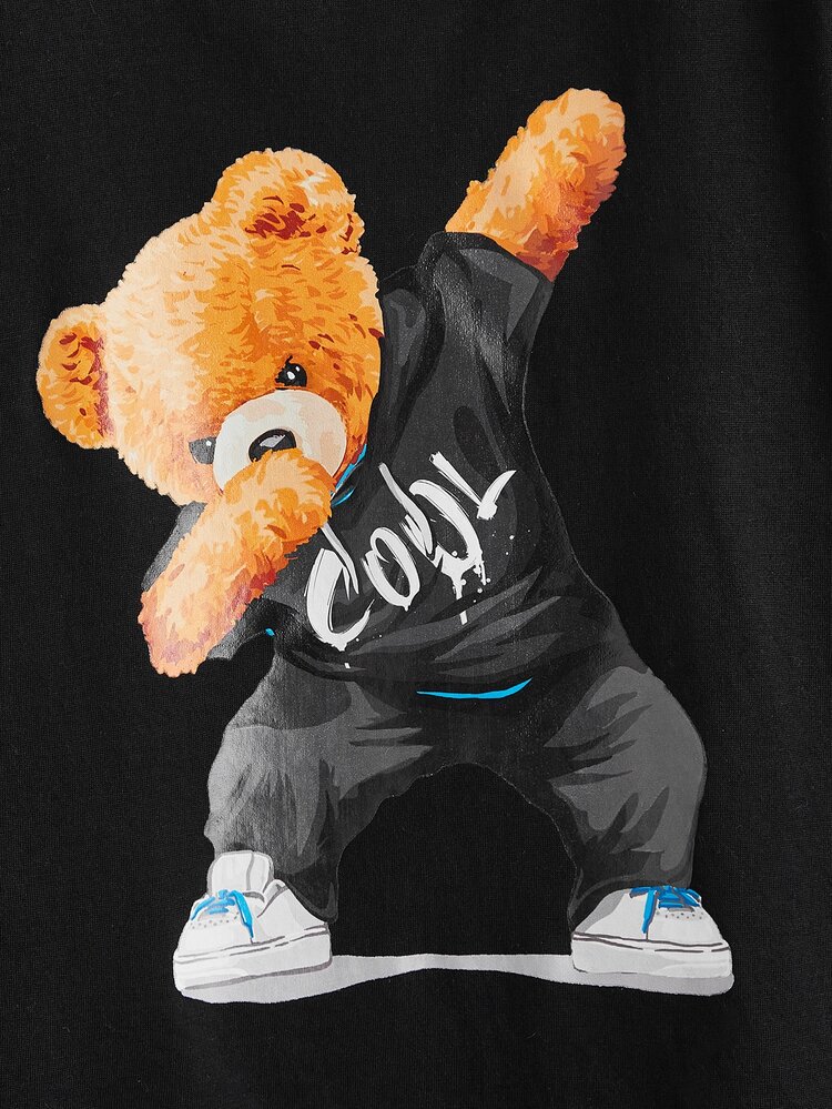 SHEIN Casual Knitted Long Sleeve Round Neck Printed T-Shirt For Boys With Bear Pattern - Black - View 3