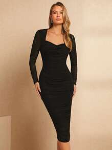 SHEIN Privé Đầm Xù màu trơn Thanh lịch - màu đen - Xem 2