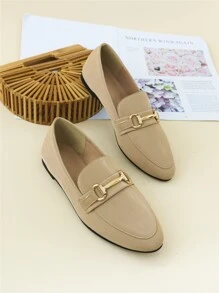 Metal Decor Flat Loafers - Khaki - View 1