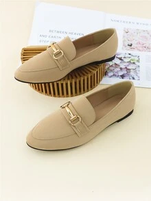 Metal Decor Flat Loafers - Khaki - View 6