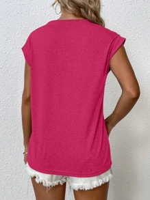 SHEIN LUNE Áo thun nữ màu trơn Giải trí - Màu Hồng Tươi - Xem 2