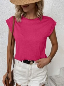 SHEIN LUNE Áo thun nữ màu trơn Giải trí - Màu Hồng Tươi - Xem 4