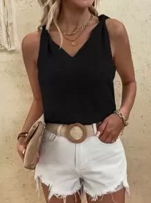 SHEIN LUNE 打結細節紋理質感襯衫 - 黑色 - 查看 1