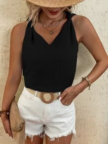 SHEIN LUNE 打結細節紋理質感襯衫 - 黑色 - 查看 4