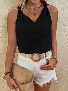 SHEIN LUNE 打結細節紋理質感襯衫 - 黑色 - 查看 6