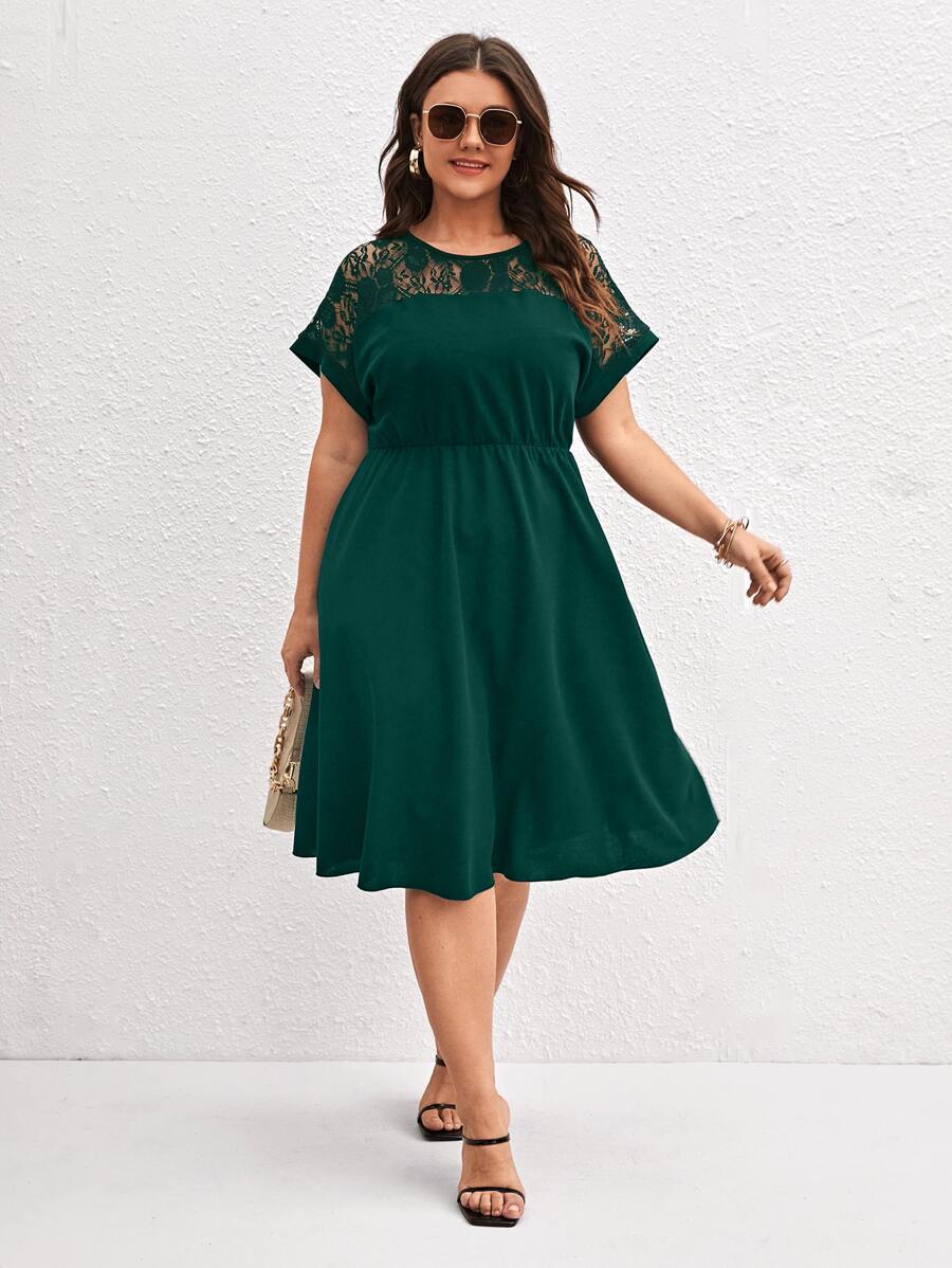 SHEIN Clasi Plus Contrast Lace A-line Dress - Dark Green - View 1