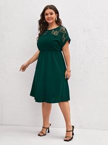 SHEIN Clasi Plus Contrast Lace A-line Dress - Dark Green - View 3