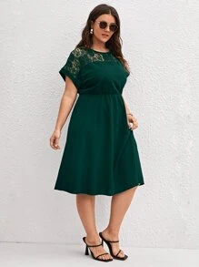 SHEIN Clasi Plus Contrast Lace A-line Dress - Dark Green - View 5