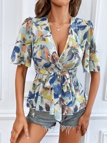 Chiquease Áo sơ mi nữ Thắt lưng Viên lá sen Trọn gói Tất cả trên in Boho - Nhiều màu - Xem 5