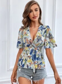 Chiquease Áo sơ mi nữ Thắt lưng Viên lá sen Trọn gói Tất cả trên in Boho - Nhiều màu - Xem 6