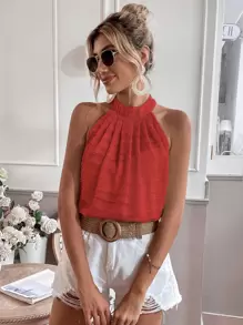 SHEIN ChicEase Áo hai dây Nút Xếp li màu trơn Boho - Đỏ - Xem 3