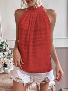 SHEIN ChicEase Áo hai dây Nút Xếp li màu trơn Boho - Đỏ - Xem 6
