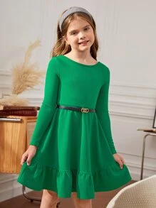 SHEIN Girls Crisscross Back Ruffle Hem Dress Without Belt - Green - View 2