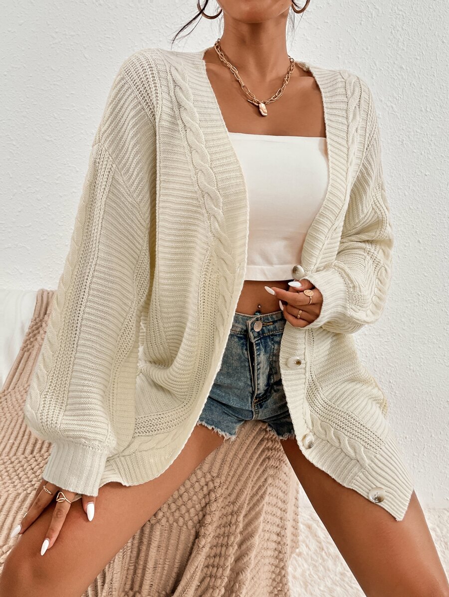 SHEIN Essnce Cable Knit Lantern Sleeve Cardigan - Apricot - View 1