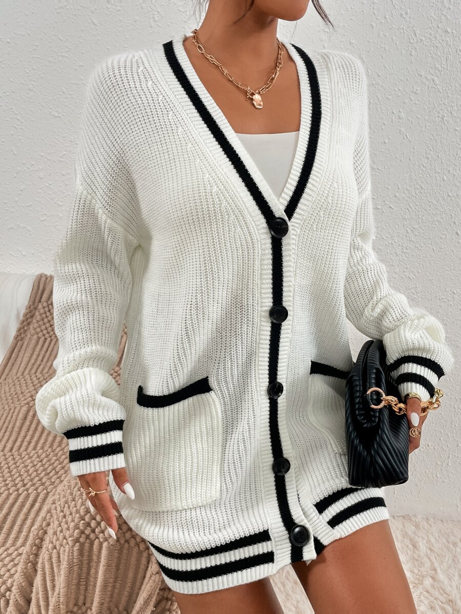 SHEIN Frenchy Striped Pattern Double Pocket Drop Shoulder Varsity Cardigan - Black and White - View 1